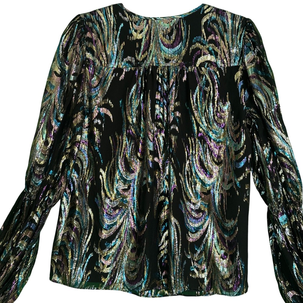 Trina Turk Top Ambrosial Silk Blend Metallic Jacquard V-Neck Black Multi S Glam - Picture 12 of 14
